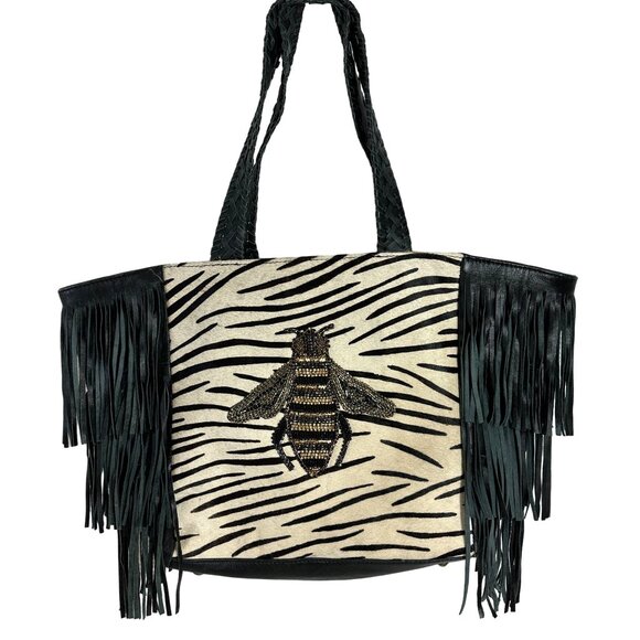 Anthropologie Guadalupe Design Queen Bee Leather Tote Hair Hide Fringe Handmade - Picture 1 of 15